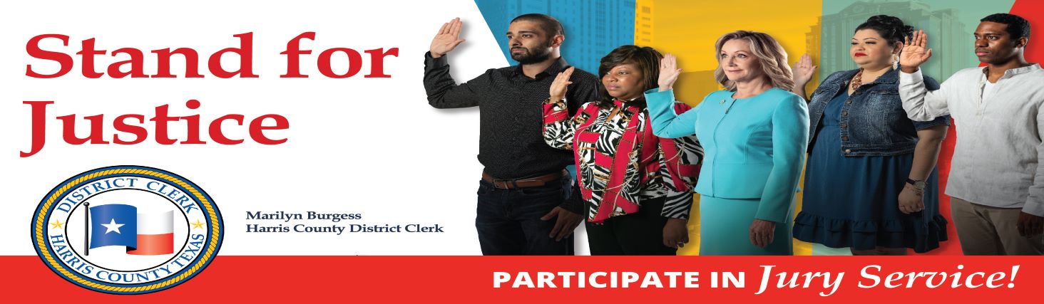 image showing the billboard for an outreach campaign launched in February 2021 to promote participation in jury service. It depicts District Clerk Marilyn Burgess and several DCO team members as though they are being sworn as jurors.